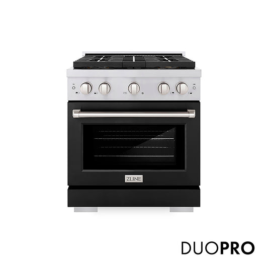 ZLINE 30 in. 4.2 cu. ft. Paramount Gas Range with 4 Burner DuoPro™ Cooktop and Convection Gas Oven with Black Matte Door (PSGR-BLM-30) front, with DuoPro™ logo.