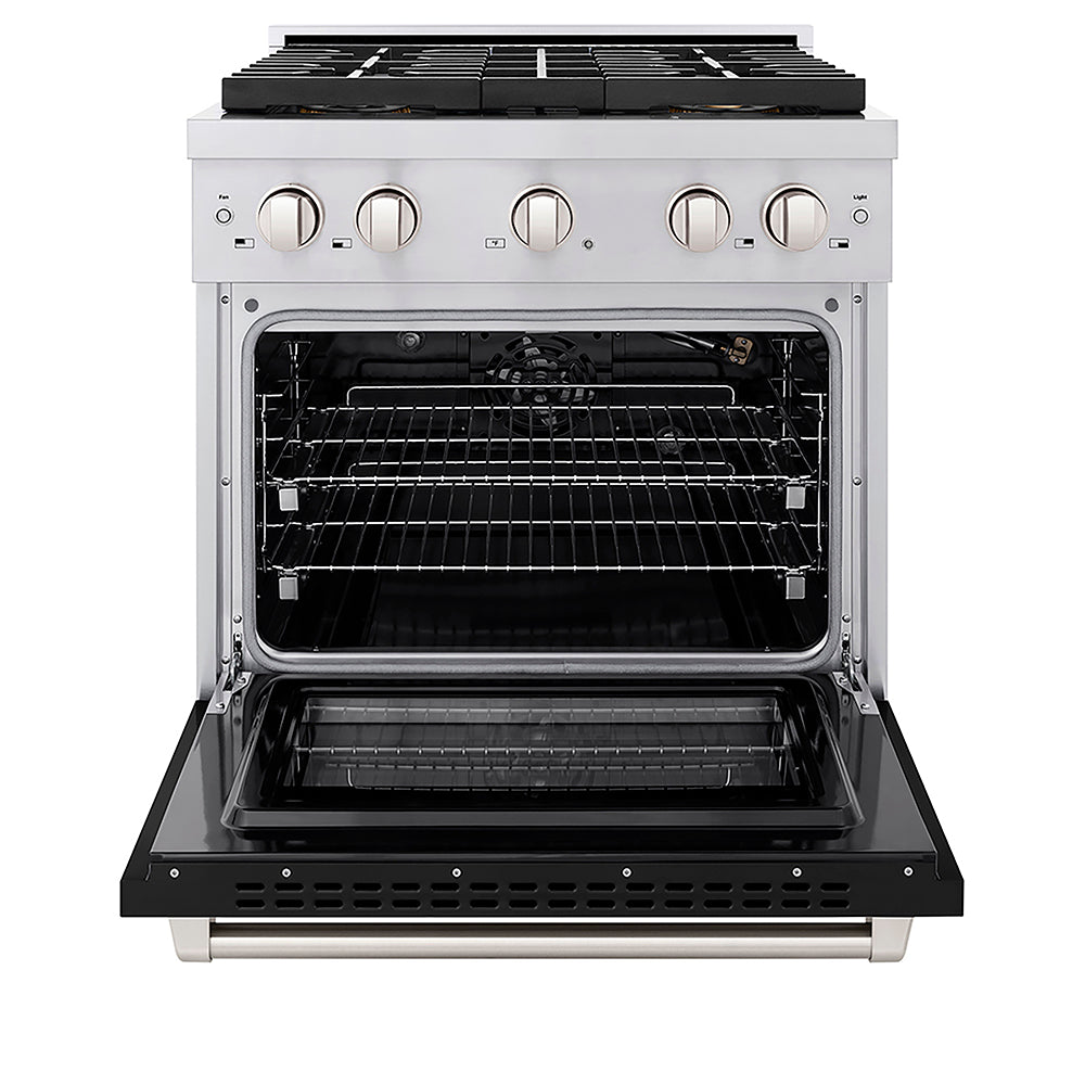 ZLINE 30 in. 4.2 cu. ft. Paramount Gas Range with 4 Burner DuoPro™ Cooktop and Convection Gas Oven with Black Matte Door (PSGR-BLM-30) front, oven open.