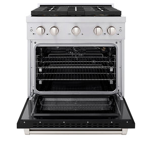 ZLINE 30 in. 4.2 cu. ft. Paramount Gas Range with 4 Burner DuoPro™ Cooktop and Convection Gas Oven with Black Matte Door (PSGR-BLM-30) front, oven open.