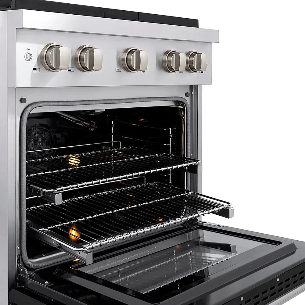 ZLINE 30 in. 4.2 cu. ft. Paramount Gas Range with 4 Burner DuoPro™ Cooktop and Convection Gas Oven with Black Matte Door (PSGR-BLM-30) close-up, oven open with racks extended, showing design and structure.