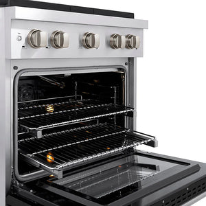 ZLINE 30 in. 4.2 cu. ft. Paramount Gas Range with 4 Burner DuoPro™ Cooktop and Convection Gas Oven with Black Matte Door (PSGR-BLM-30) close-up, oven open with racks extended, showing design and structure.