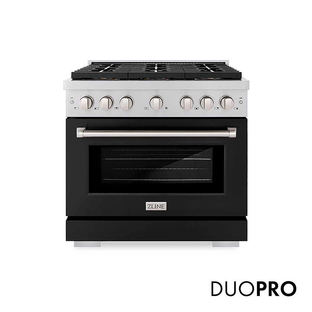 ZLINE 36 in. 5.2 cu. ft. Paramount Gas Range with 6 Burner DuoPro™ Cooktop and Convection Gas Oven with Black Matte Door (PSGR-BLM-36) front, with DuoPro™ logo.