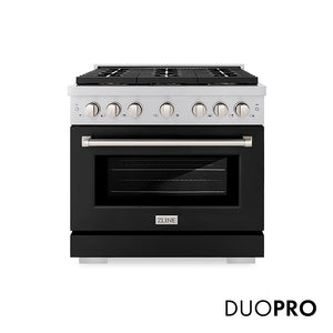ZLINE 36 in. 5.2 cu. ft. Paramount Gas Range with 6 Burner DuoPro™ Cooktop and Convection Gas Oven with Black Matte Door (PSGR-BLM-36) front, with DuoPro™ logo.