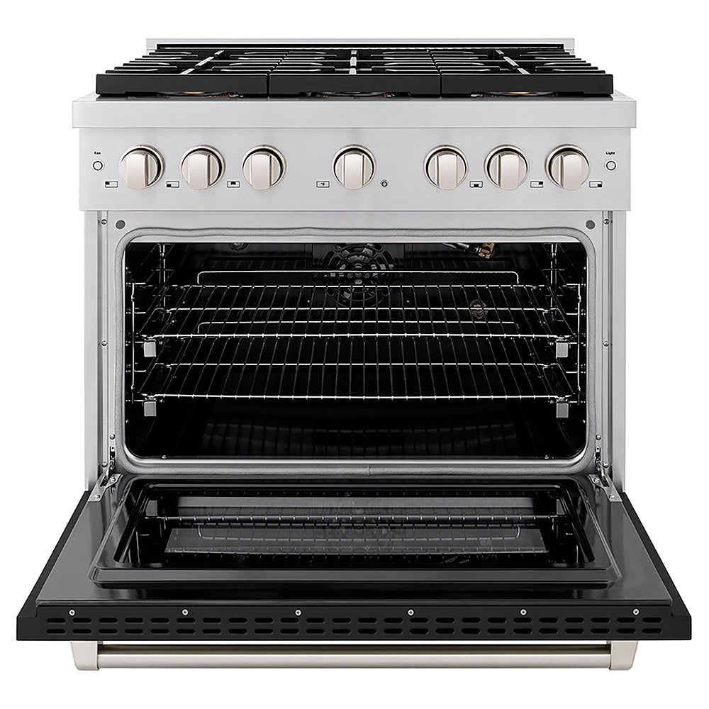 ZLINE 36 in. 5.2 cu. ft. Paramount Gas Range with 6 Burner DuoPro™ Cooktop and Convection Gas Oven with Black Matte Door (PSGR-BLM-36) front, oven open.