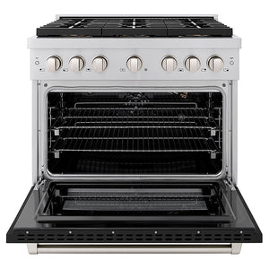 ZLINE 36 in. 5.2 cu. ft. Paramount Gas Range with 6 Burner DuoPro™ Cooktop and Convection Gas Oven with Black Matte Door (PSGR-BLM-36) front, oven open.