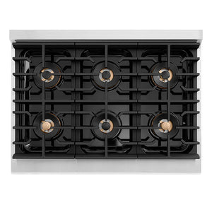 ZLINE 36 in. 5.2 cu. ft. Paramount Gas Range with 6 Burner DuoPro™ Cooktop and Convection Gas Oven with Black Matte Door (PSGR-BLM-36) top-down, above cooktop.