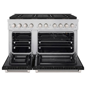 ZLINE 48 in. 6.7 cu. ft. Paramount Gas Range with 8 Burner DuoPro™ Cooktop and Dual Ovens with Black Matte Doors (PSGR-BLM-48) front, oven open.
