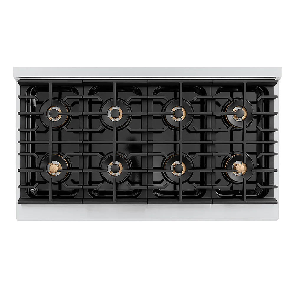 ZLINE 48 in. 6.7 cu. ft. Paramount Gas Range with 8 Burner DuoPro™ Cooktop and Dual Ovens with Black Matte Doors (PSGR-BLM-48) top-down, above cooktop.
