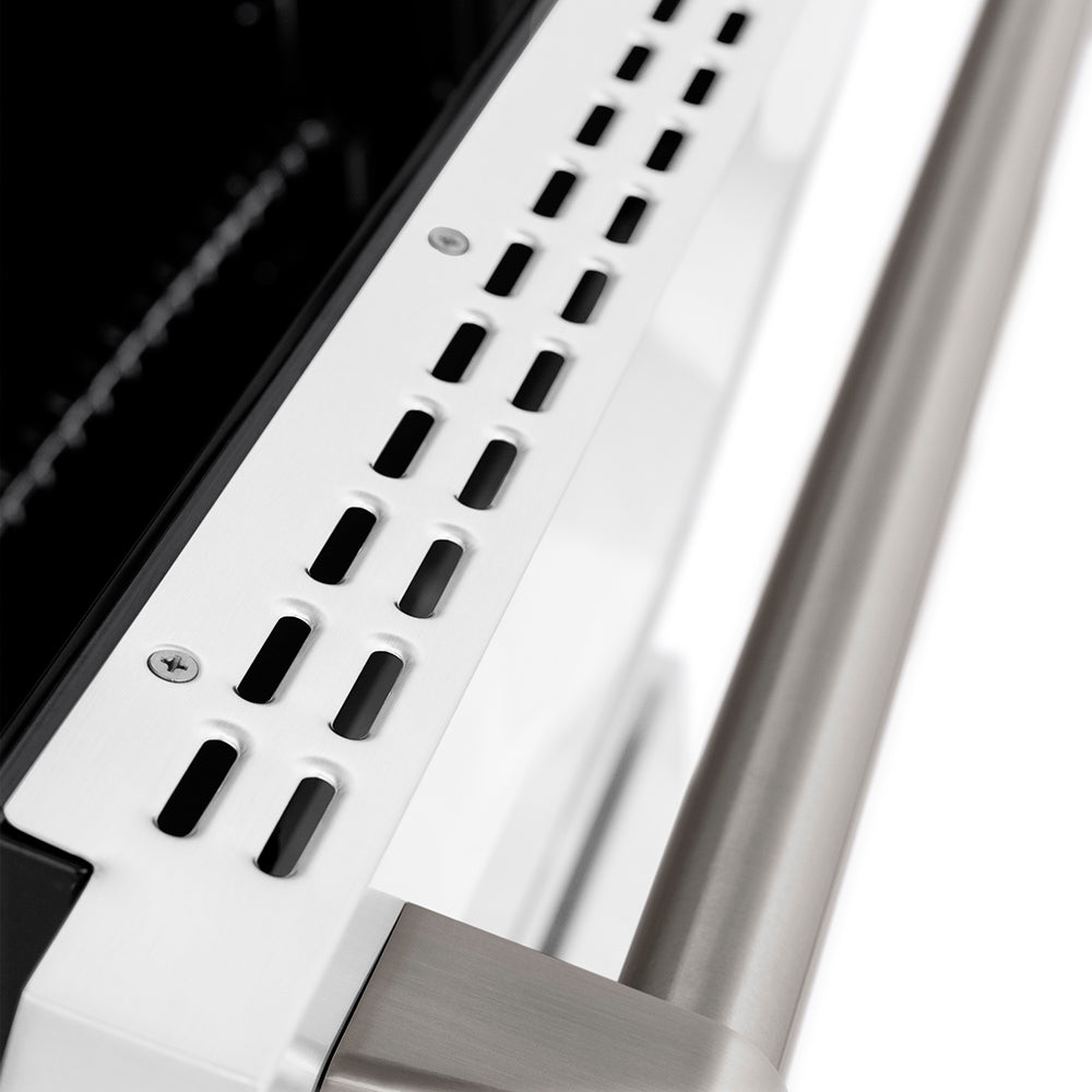 ZLINE 30 in. 4.2 cu. ft. Paramount Gas Range with 4 Burner DuoPro™ Cooktop and Convection Gas Oven with White Matte Door (PSGR-WM-30) close-up oven door slightly open.