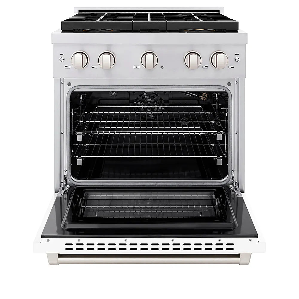 ZLINE 30 in. 4.2 cu. ft. Paramount Gas Range with 4 Burner DuoPro™ Cooktop and Convection Gas Oven with White Matte Door (PSGR-WM-30) front, oven open.