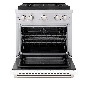 ZLINE 30 in. 4.2 cu. ft. Paramount Gas Range with 4 Burner DuoPro™ Cooktop and Convection Gas Oven with White Matte Door (PSGR-WM-30) front, oven open.