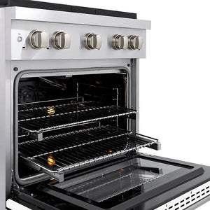 ZLINE 30 in. 4.2 cu. ft. Paramount Gas Range with 4 Burner DuoPro™ Cooktop and Convection Gas Oven with White Matte Door (PSGR-WM-30) close-up, oven open with racks extended, showing design and structure.