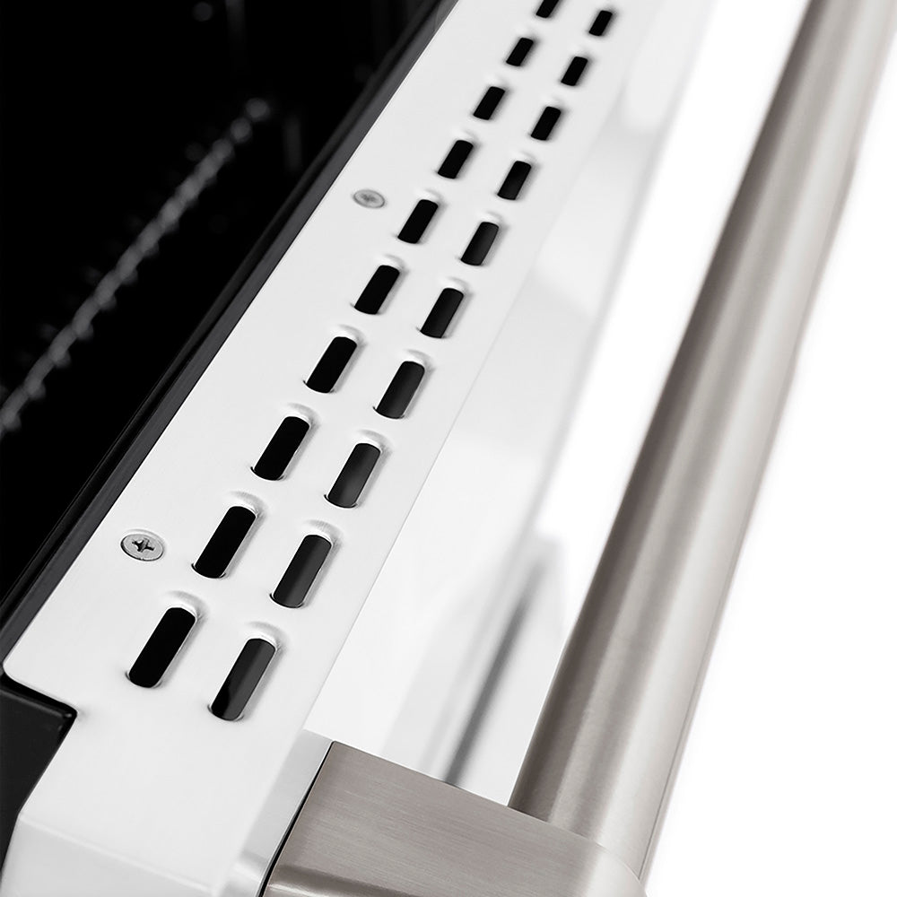 ZLINE 36 in. 5.2 cu. ft. Paramount Gas Range with 6 Burner DuoPro™ Cooktop and Convection Gas Oven with White Matte Door (PSGR-WM-36) oven door slightly open showing handle detail.