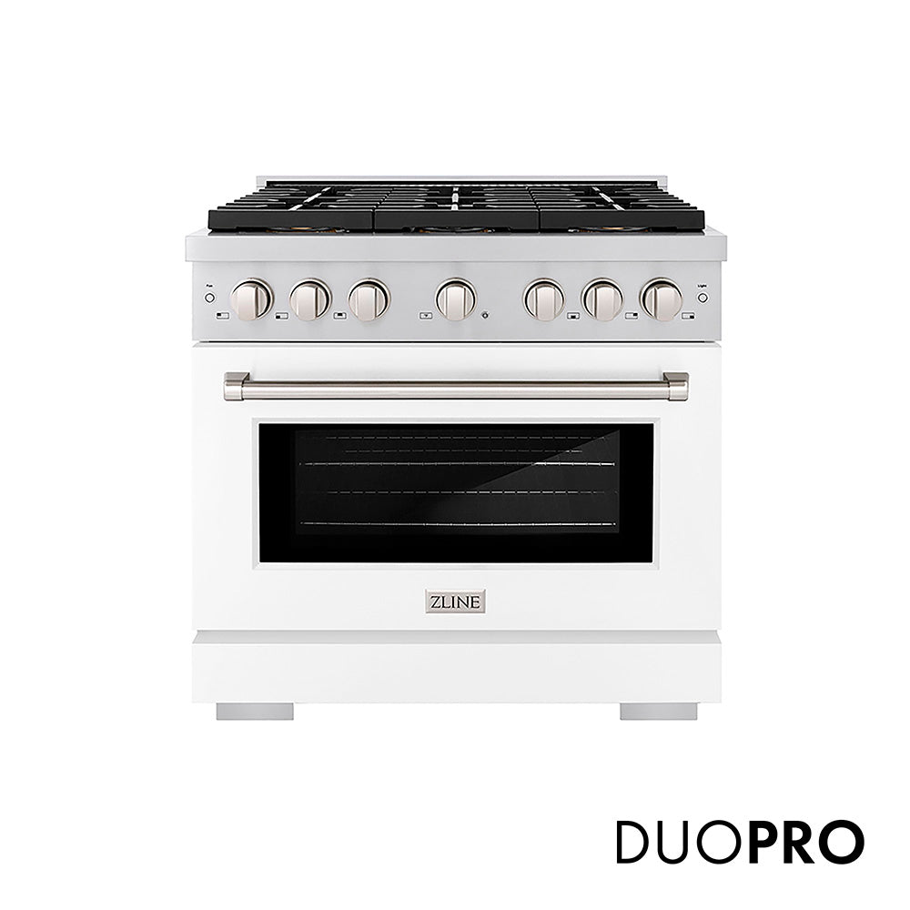 ZLINE 36 in. 5.2 cu. ft. Paramount Gas Range with 6 Burner DuoPro™ Cooktop and Convection Gas Oven with White Matte Door (PSGR-WM-36) front, with DuoPro™ logo.