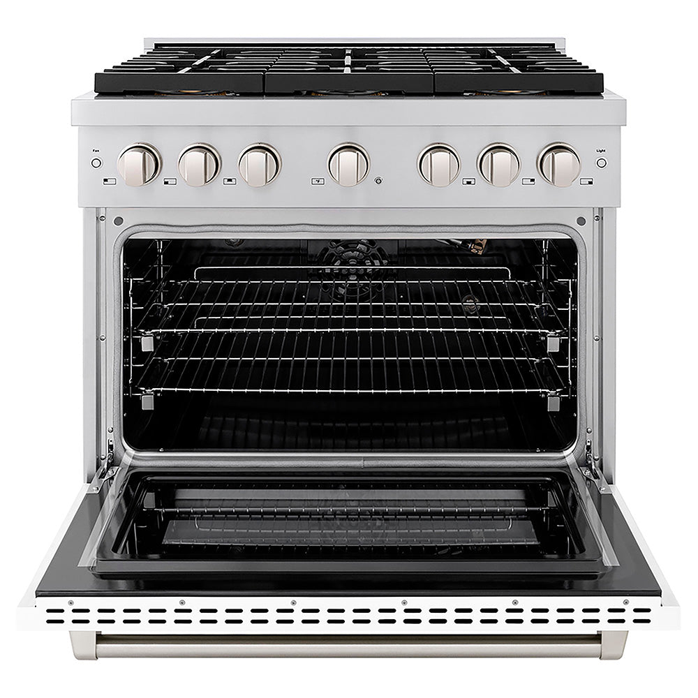ZLINE 36 in. 5.2 cu. ft. Paramount Gas Range with 6 Burner DuoPro™ Cooktop and Convection Gas Oven with White Matte Door (PSGR-WM-36) front, oven open.