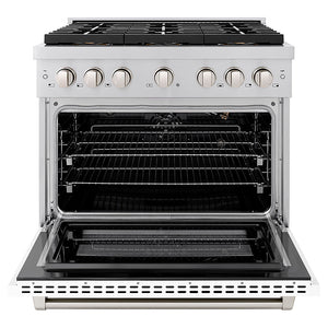 ZLINE 36 in. 5.2 cu. ft. Paramount Gas Range with 6 Burner DuoPro™ Cooktop and Convection Gas Oven with White Matte Door (PSGR-WM-36) front, oven open.
