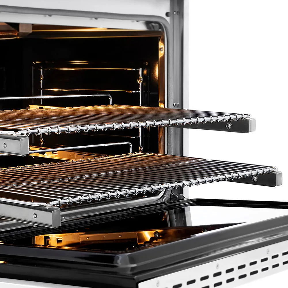 ZLINE 36 in. 5.2 cu. ft. Paramount Gas Range with 6 Burner DuoPro™ Cooktop and Convection Gas Oven with White Matte Door (PSGR-WM-36) close-up, oven open with racks extended, showing design and structure.