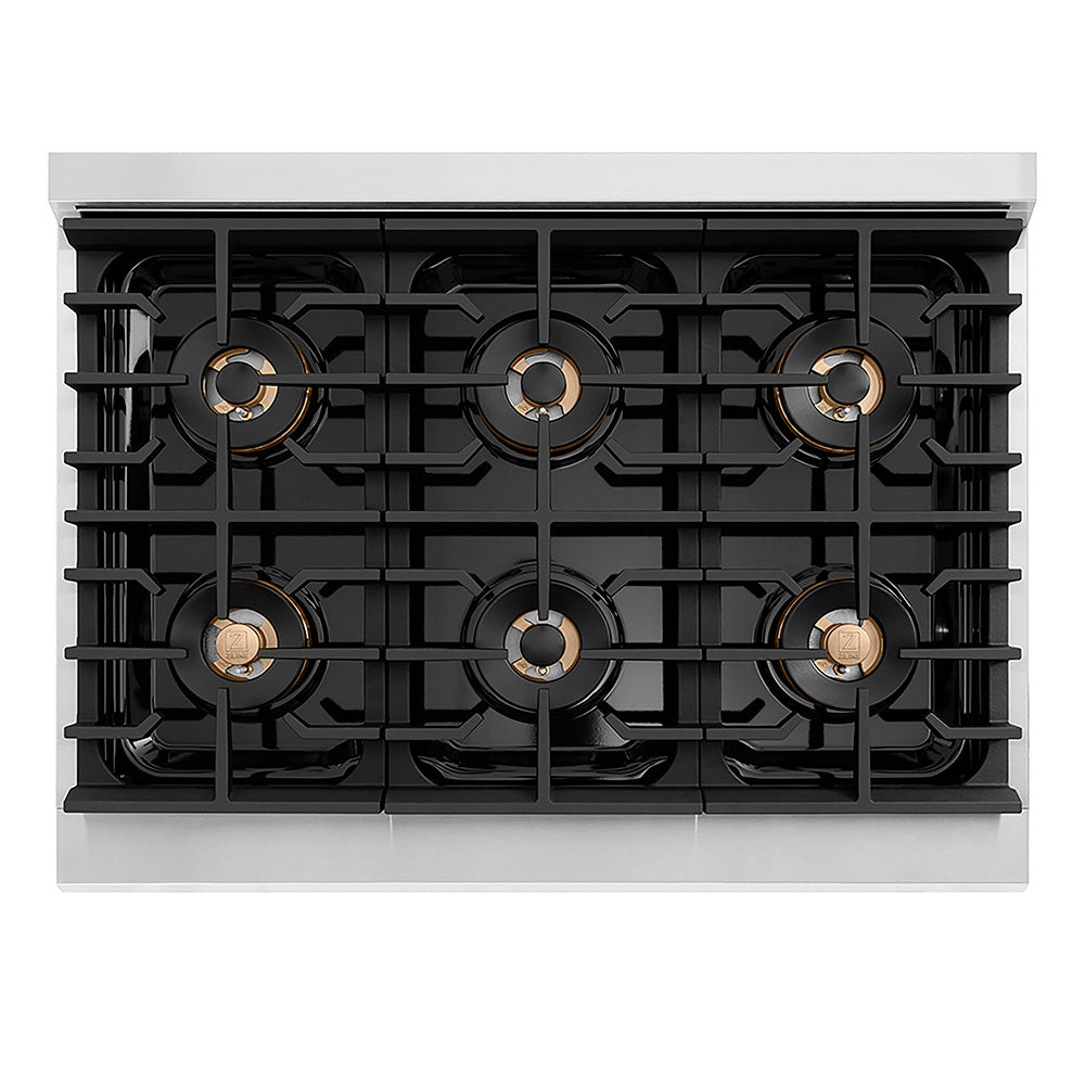 ZLINE 36 in. 5.2 cu. ft. Paramount Gas Range with 6 Burner DuoPro™ Cooktop and Convection Gas Oven with White Matte Door (PSGR-WM-36) top-down, above cooktop.