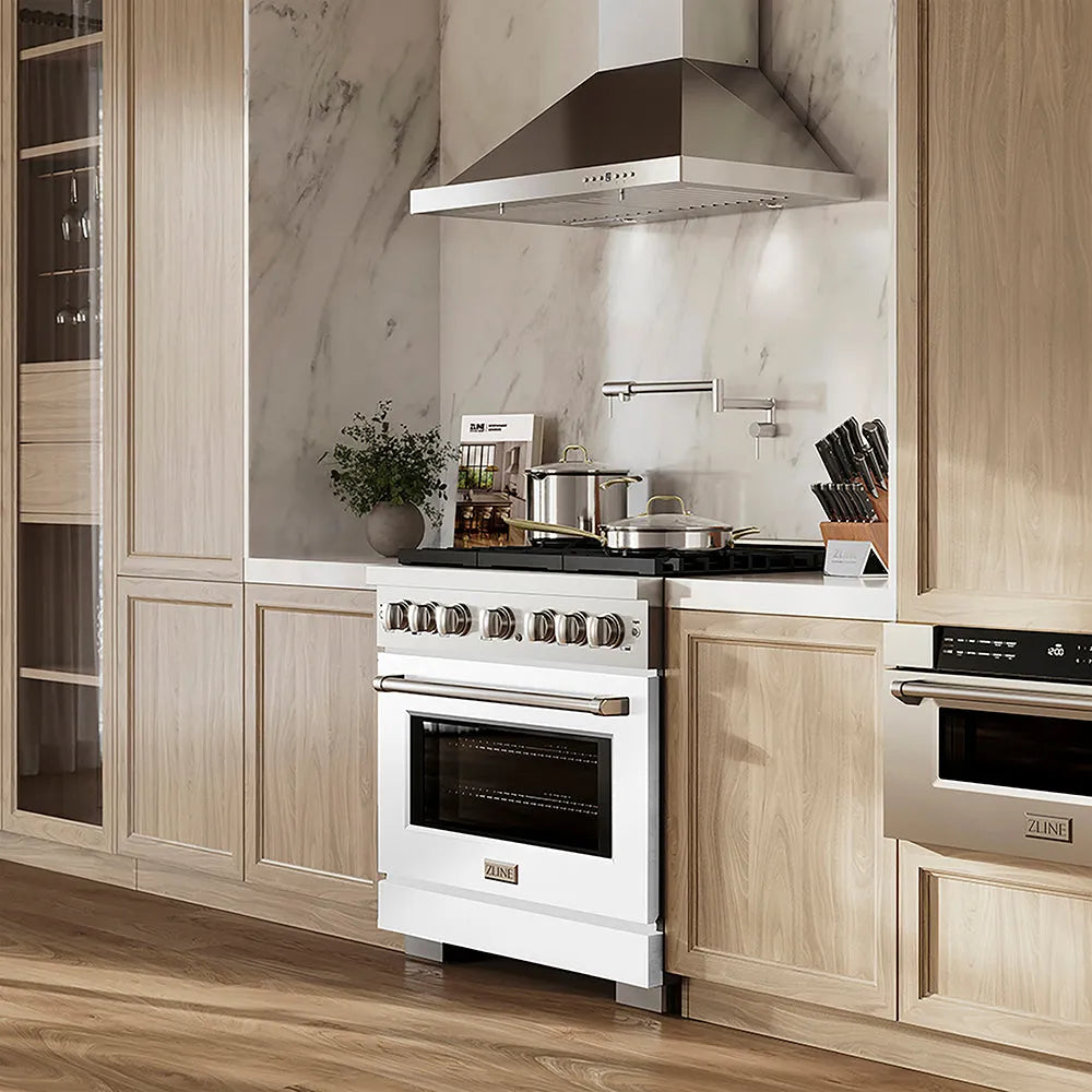 ZLINE 36 in. 5.2 cu. ft. Paramount Gas Range with 6 Burner DuoPro™ Cooktop and Convection Gas Oven with White Matte Door (PSGR-WM-36) in a kitchen with marble backsplash and wooden cabinets.