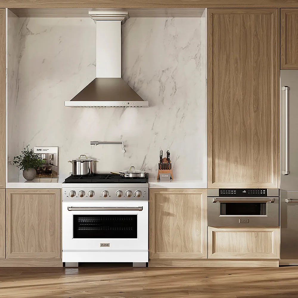ZLINE 36 in. 5.2 cu. ft. Paramount Gas Range with 6 Burner DuoPro™ Cooktop and Convection Gas Oven with White Matte Door (PSGR-WM-36) in a kitchen with wooden cabinets and marble backsplash.