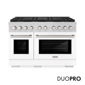 ZLINE 48 in. 6.7 cu. ft. Paramount Gas Range with 8 Burner DuoPro™ Cooktop and Dual Ovens with White Matte Doors (PSGR-WM-48) front, with DuoPro™ logo.