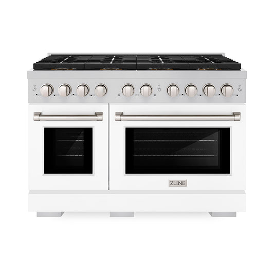 ZLINE 48 in. 6.7 cu. ft. Paramount Gas Range with 8 Burner DuoPro™ Cooktop and Dual Ovens with White Matte Doors (PSGR-WM-48)