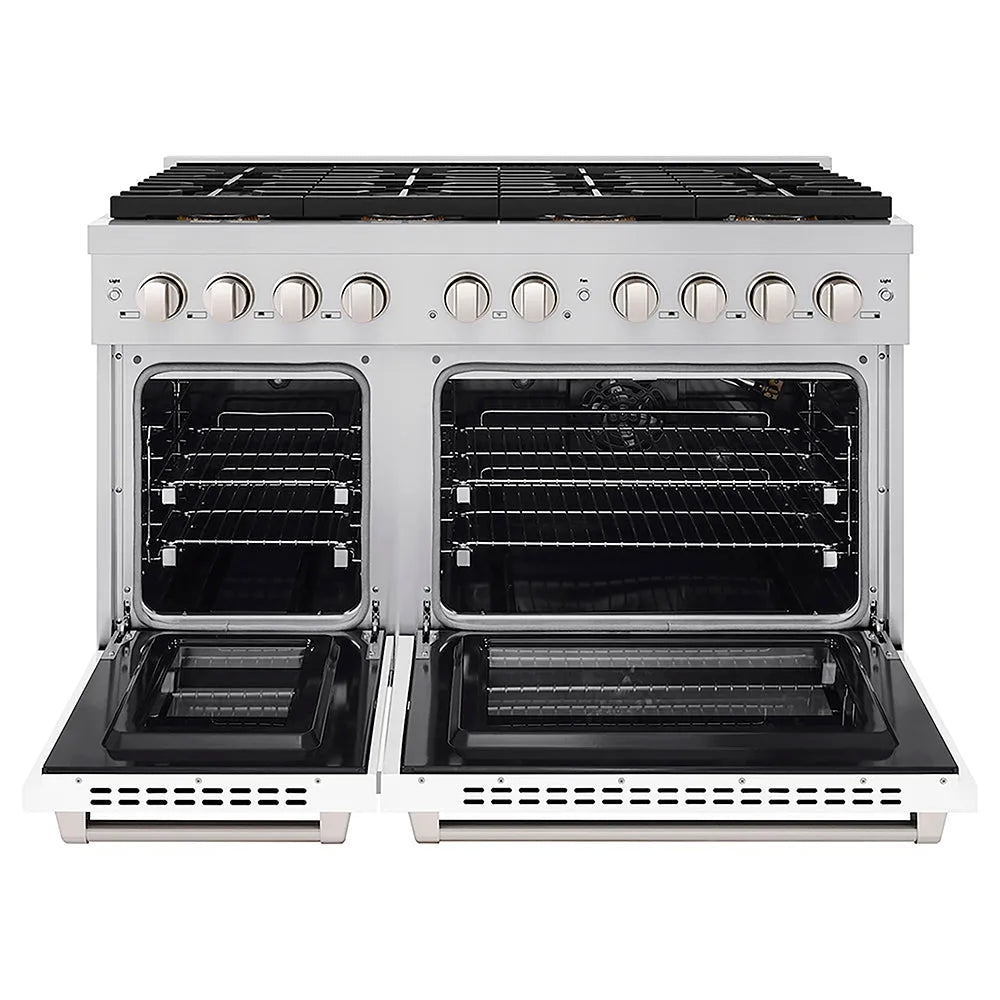 ZLINE 48 in. 6.7 cu. ft. Paramount Gas Range with 8 Burner DuoPro™ Cooktop and Dual Ovens with White Matte Doors (PSGR-WM-48) front, oven open.