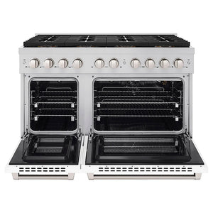 ZLINE 48 in. 6.7 cu. ft. Paramount Gas Range with 8 Burner DuoPro™ Cooktop and Dual Ovens with White Matte Doors (PSGR-WM-48) front, oven open.