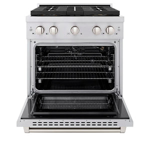 ZLINE 30 in. 4.2 cu. ft. Paramount Gas Range with 4 Burner DuoPro™ Cooktop and Convection Gas Oven in Stainless Steel (PSGR30) front, oven open.
