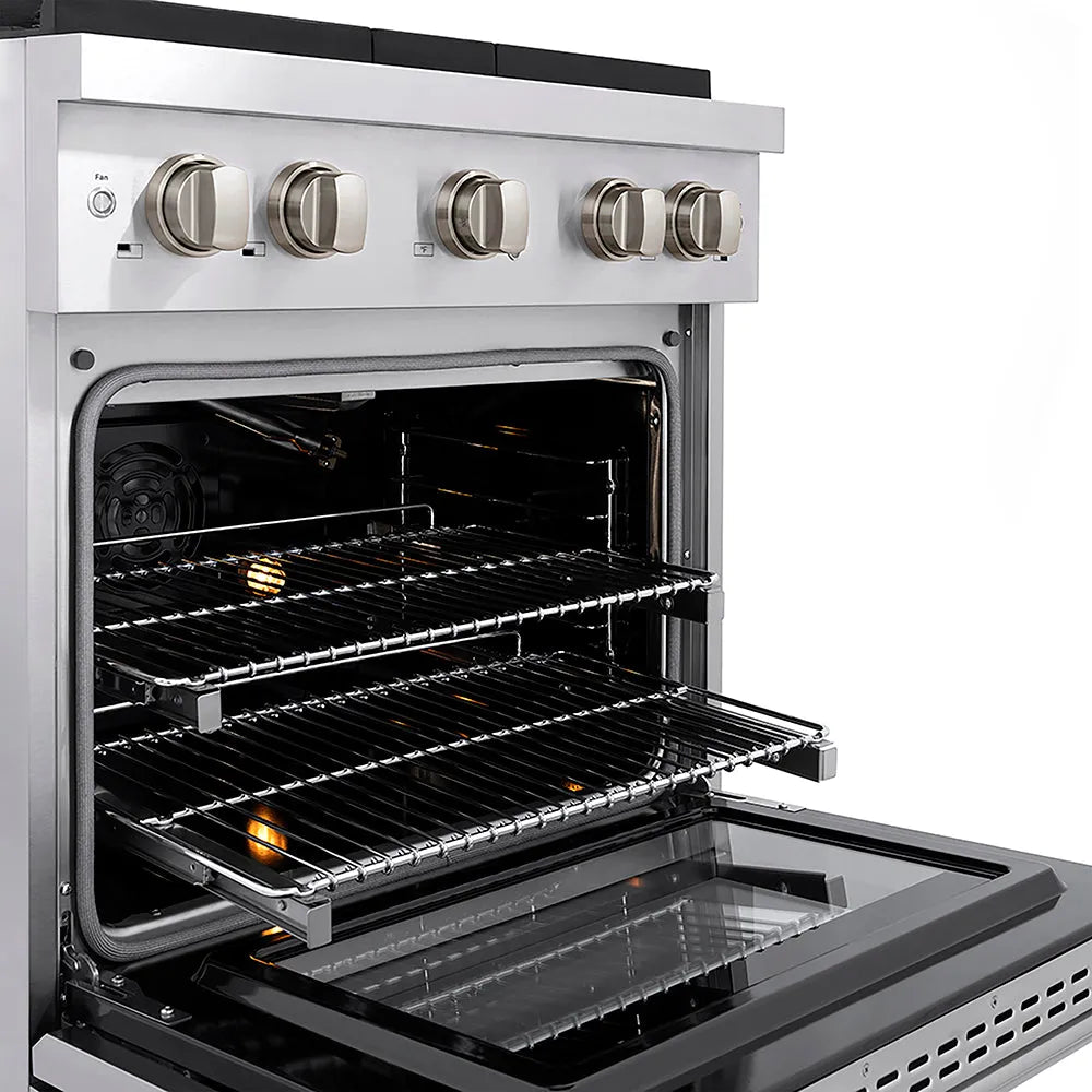ZLINE 30 in. 4.2 cu. ft. Paramount Gas Range with 4 Burner DuoPro™ Cooktop and Convection Gas Oven in Stainless Steel (PSGR30) close-up, oven open with racks extended, showing design and structure.