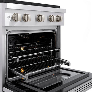 ZLINE 30 in. 4.2 cu. ft. Paramount Gas Range with 4 Burner DuoPro™ Cooktop and Convection Gas Oven in Stainless Steel (PSGR30) close-up, oven open with racks extended, showing design and structure.