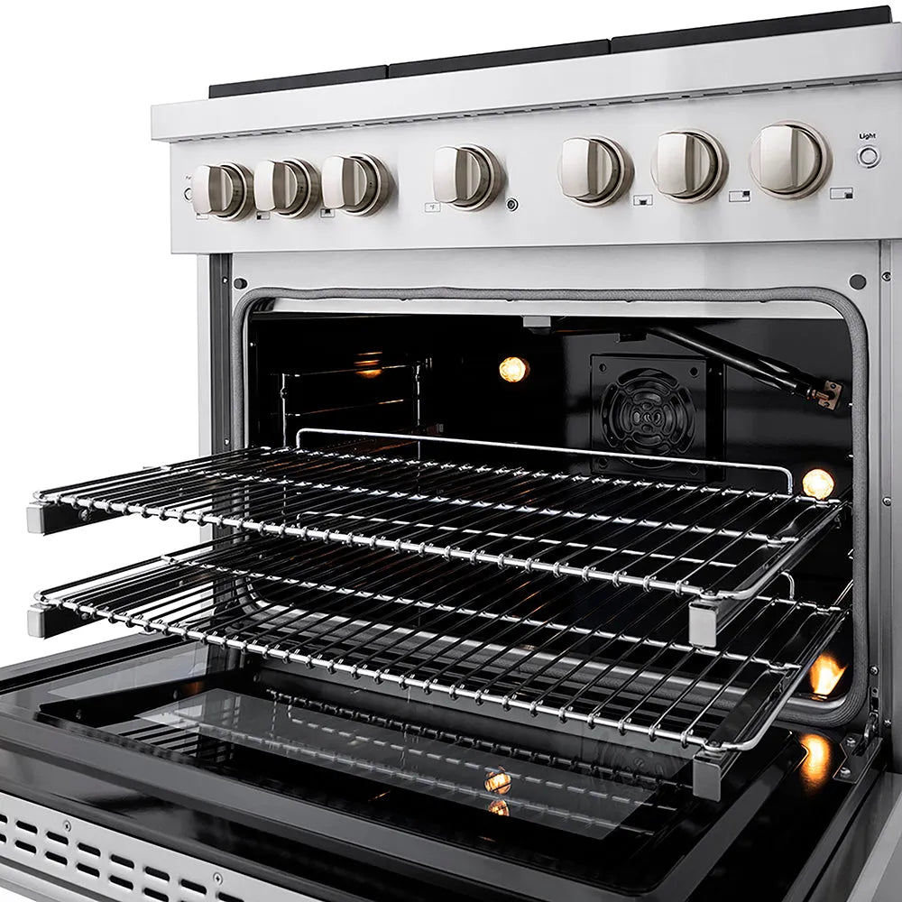 ZLINE 36 in. 5.2 cu. ft. Paramount Gas Range with 6 Burner DuoPro™ Cooktop and Convection Gas Oven in Stainless Steel (PSGR36) oven open showing interior racks