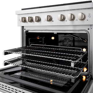 ZLINE 36 in. 5.2 cu. ft. Paramount Gas Range with 6 Burner DuoPro™ Cooktop and Convection Gas Oven in Stainless Steel (PSGR36) oven open showing interior racks
