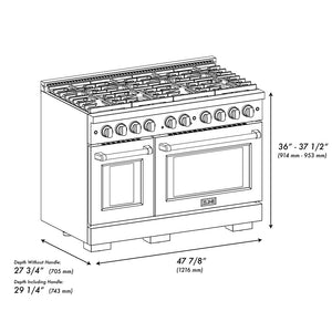 ZLINE Autograph Edition 48 in. 6.7 cu. ft. Paramount Gas Range with 8 Burner DuoPro™ Cooktop and Dual Ovens in Satin Stainless Steel with White Matte Doors and Polished Gold Accents (PSGRSZ-WM-48-G) dimensional diagram.