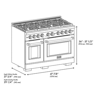 ZLINE Autograph Edition 48 in. 6.7 cu. ft. Paramount Gas Range with 8 Burner DuoPro™ Cooktop and Dual Ovens in Satin Stainless Steel with Black Matte Doors and Polished Gold Accents (PSGRSZ-BLM48-G) dimensional diagram.