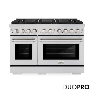 ZLINE 48 in. 6.7 cu. ft. Paramount Gas Range with 8 Burner DuoPro™ Cooktop and Dual Ovens in Stainless Steel (PSGR48) front, with DuoPro™ logo.