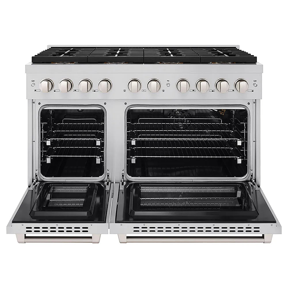 ZLINE 48 in. 6.7 cu. ft. Paramount Gas Range with 8 Burner DuoPro™ Cooktop and Dual Ovens in Stainless Steel (PSGR48) front, oven open.