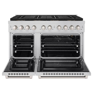 ZLINE 48 in. 6.7 cu. ft. Paramount Gas Range with 8 Burner DuoPro™ Cooktop and Dual Ovens in Stainless Steel (PSGR48) front, oven open.