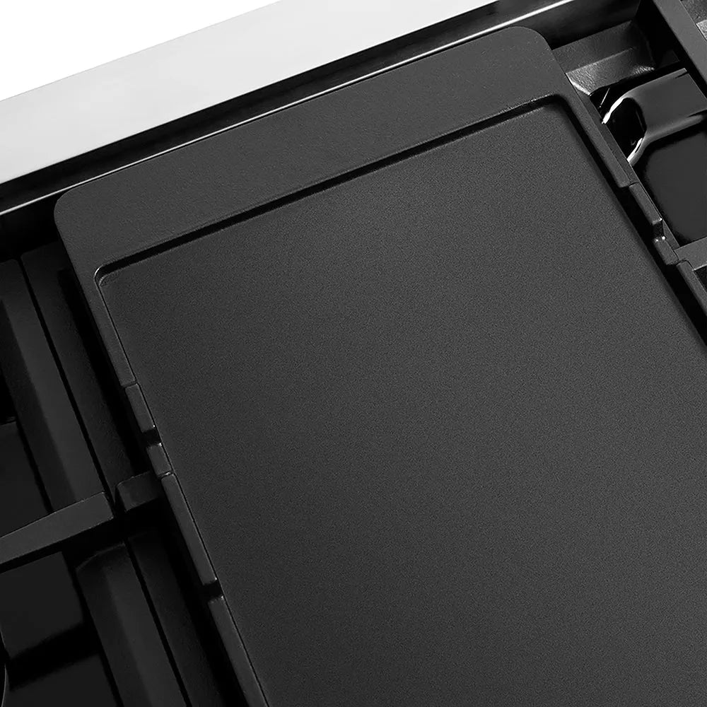 ZLINE 48 in. 6.7 cu. ft. Paramount Gas Range with 8 Burner DuoPro™ Cooktop and Dual Ovens in Stainless Steel (PSGR48) reversible griddle flat side.