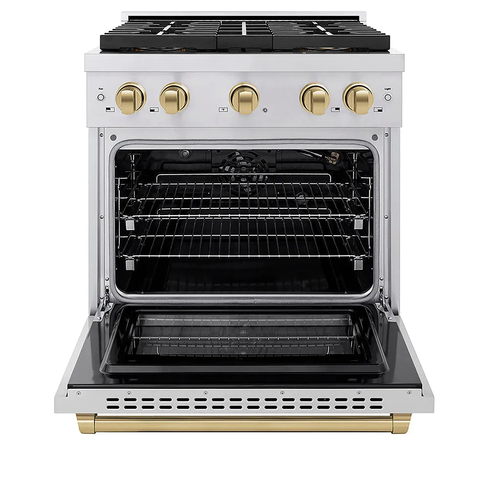 ZLINE Autograph Edition 30 in. 4.2 cu. ft. Paramount Gas Range with 4 Burner DuoPro™ Cooktop and Convection Gas Oven in Stainless Steel with Champagne Bronze Accents (PSGRZ-30-CB) front, oven open.