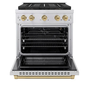 ZLINE Autograph Edition 30 in. 4.2 cu. ft. Paramount Gas Range with 4 Burner DuoPro™ Cooktop and Convection Gas Oven in Stainless Steel with Champagne Bronze Accents (PSGRZ-30-CB) front, oven open.
