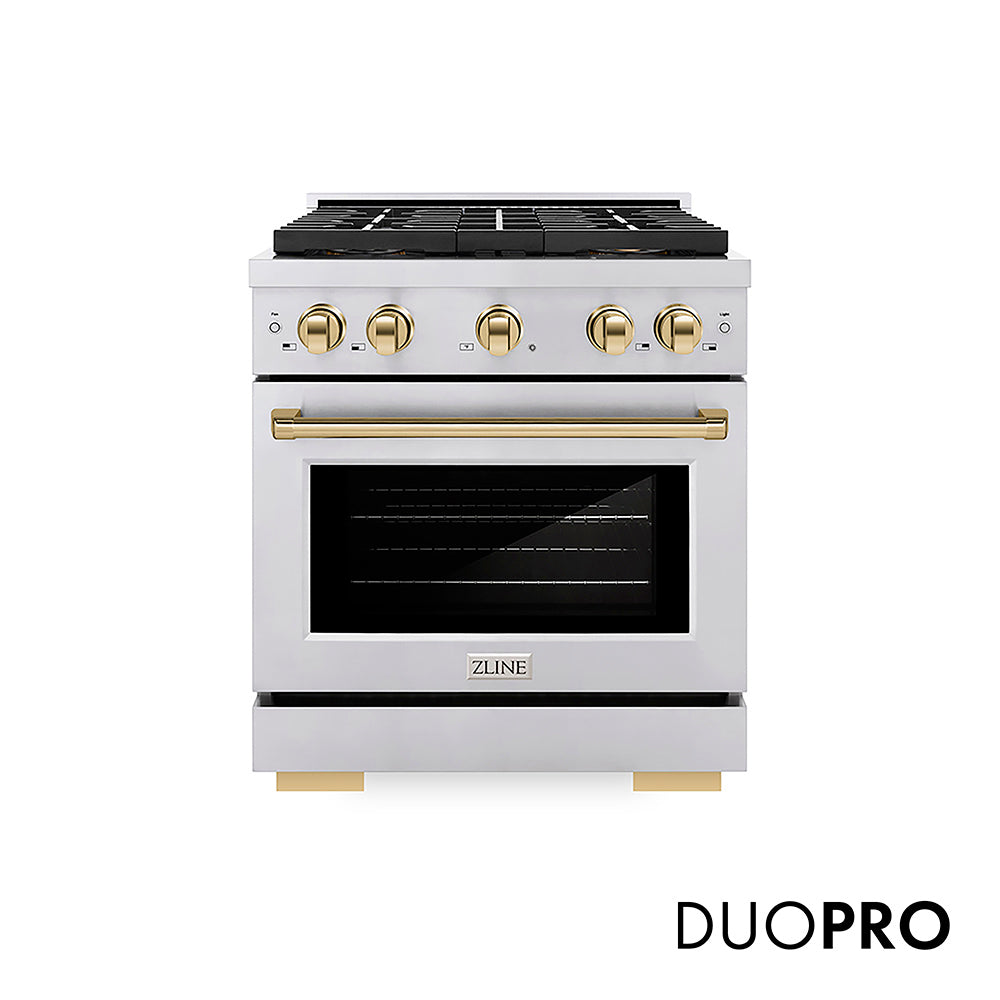 ZLINE Autograph Edition 30 in. 4.2 cu. ft. Paramount Gas Range with 4 Burner DuoPro™ Cooktop and Convection Gas Oven in Stainless Steel with Polished Gold Accents (PSGRZ-30-G) front, with DuoPro™ logo.