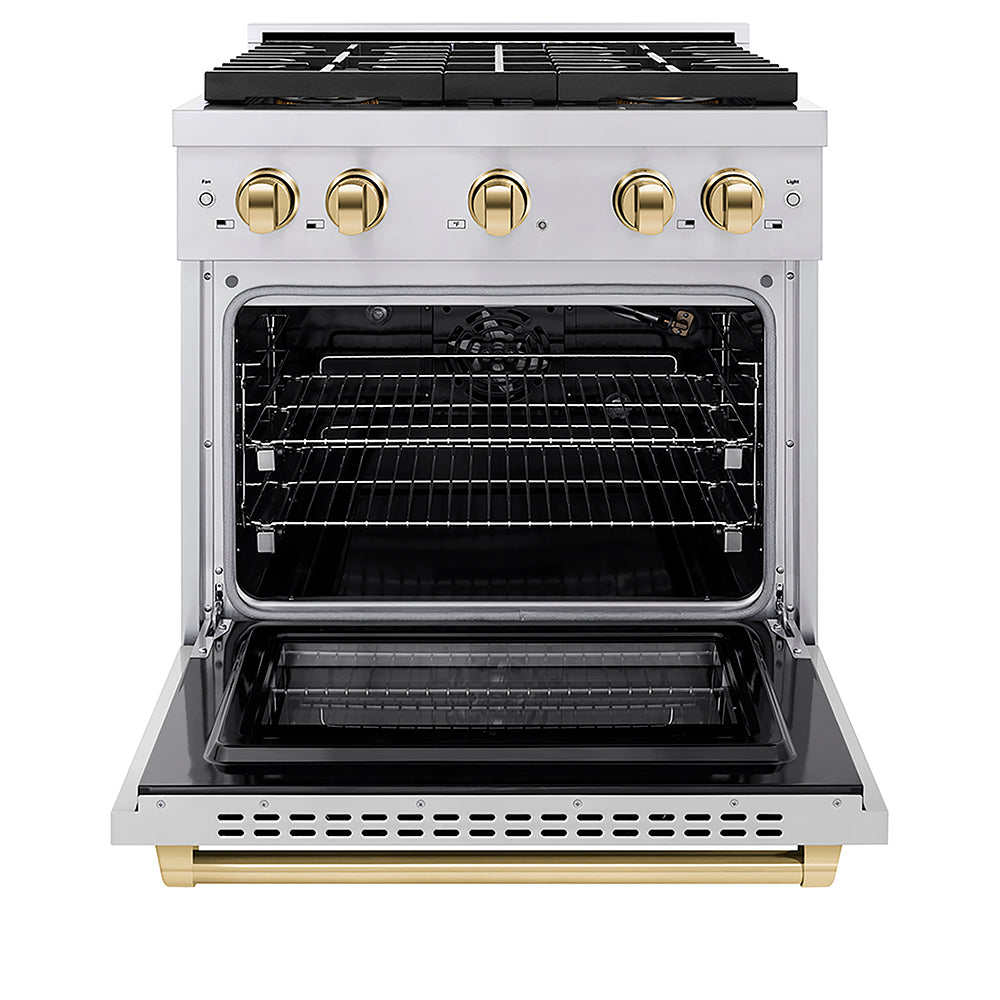 ZLINE Autograph Edition 30 in. 4.2 cu. ft. Paramount Gas Range with 4 Burner DuoPro™ Cooktop and Convection Gas Oven in Stainless Steel with Polished Gold Accents (PSGRZ-30-G) front, oven open.