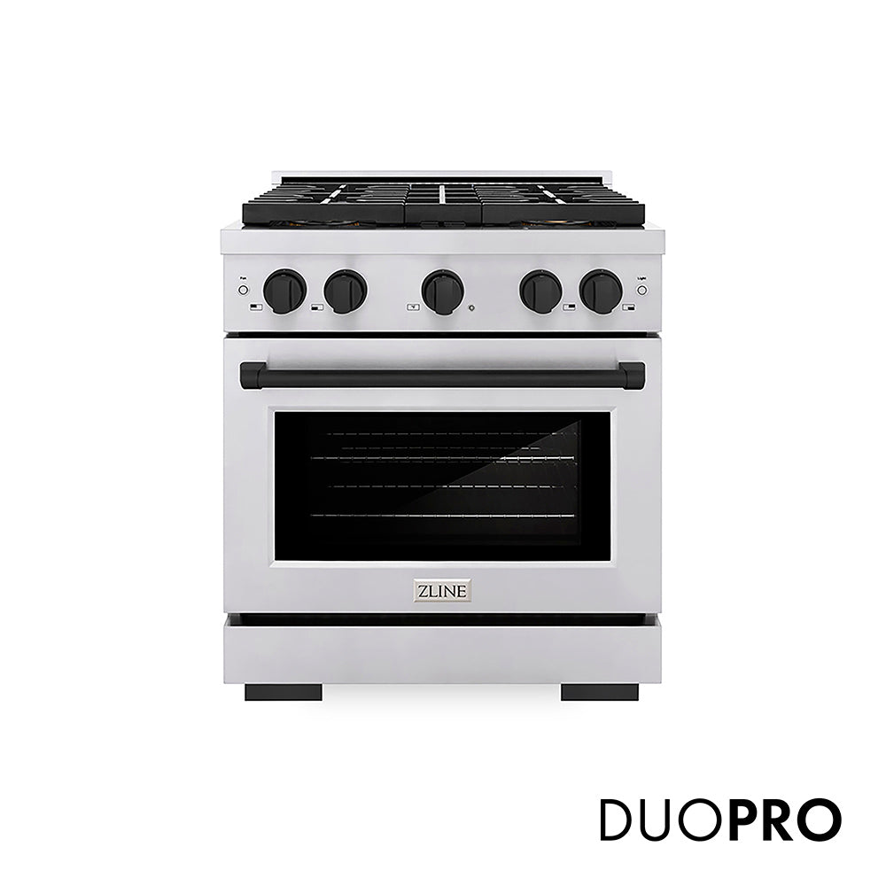 ZLINE Autograph Edition 30 in. 4.2 cu. ft. Paramount Gas Range with 4 Burner DuoPro™ Cooktop and Convection Gas Oven in Stainless Steel with Matte Black Accents (PSGRZ-30-MB) front, with DuoPro™ logo.