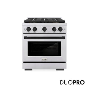 ZLINE Autograph Edition 30 in. 4.2 cu. ft. Paramount Gas Range with 4 Burner DuoPro™ Cooktop and Convection Gas Oven in Stainless Steel with Matte Black Accents (PSGRZ-30-MB) front, with DuoPro™ logo.