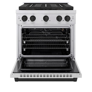 ZLINE Autograph Edition 30 in. 4.2 cu. ft. Paramount Gas Range with 4 Burner DuoPro™ Cooktop and Convection Gas Oven in Stainless Steel with Matte Black Accents (PSGRZ-30-MB) front, oven open.