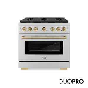 ZLINE Autograph Edition 36 in. 5.2 cu. ft. Paramount Gas Range with 6 Burner DuoPro™ Cooktop and Convection Gas Oven in Stainless Steel and Champagne Bronze Accents (PSGRZ-36-CB) front, with DuoPro™ logo.