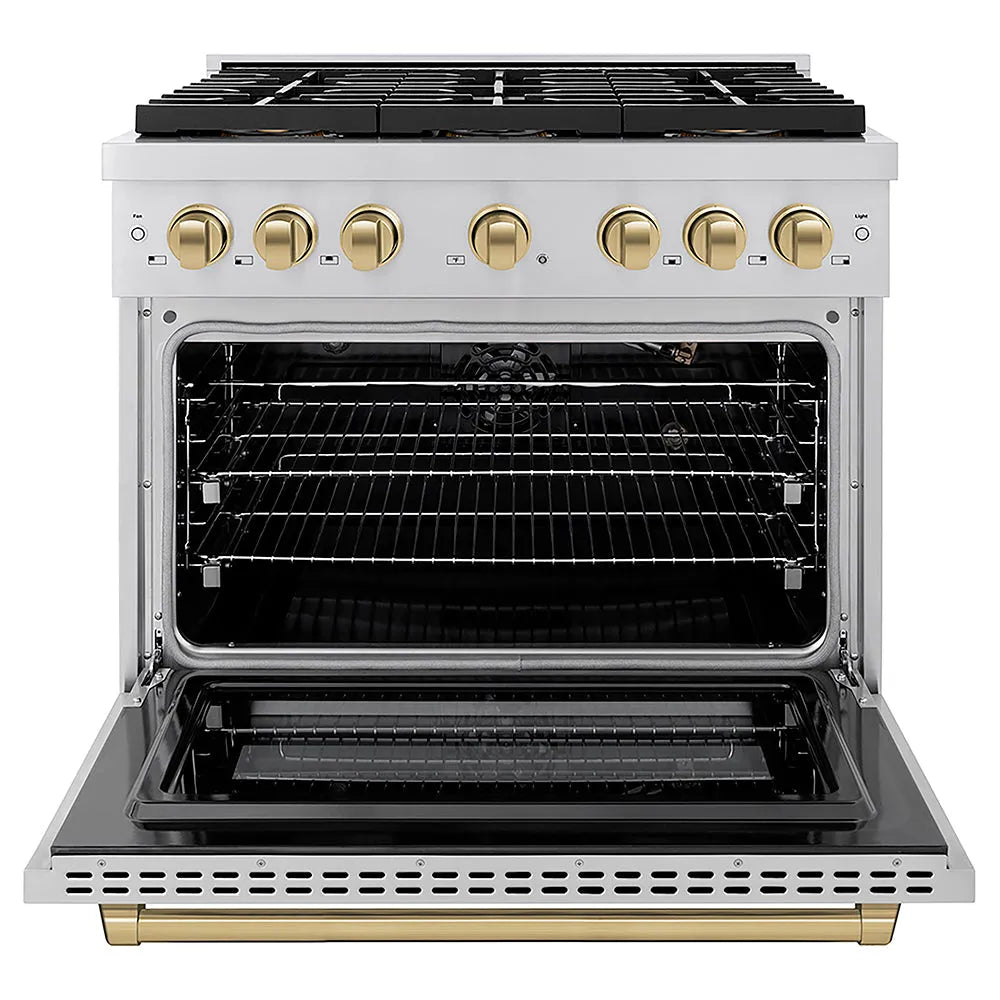 ZLINE Autograph Edition 36 in. 5.2 cu. ft. Paramount Gas Range with 6 Burner DuoPro™ Cooktop and Convection Gas Oven in Stainless Steel and Champagne Bronze Accents (PSGRZ-36-CB) front, oven open.