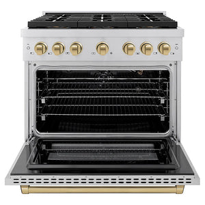 ZLINE Autograph Edition 36 in. 5.2 cu. ft. Paramount Gas Range with 6 Burner DuoPro™ Cooktop and Convection Gas Oven in Stainless Steel and Champagne Bronze Accents (PSGRZ-36-CB) front, oven open.