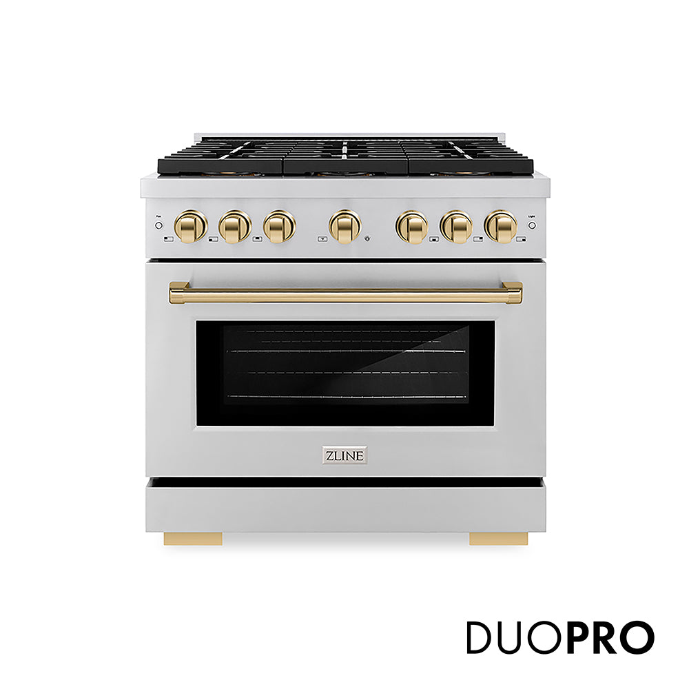 ZLINE Autograph Edition 36 in. 5.2 cu. ft. Paramount Gas Range with 6 Burner DuoPro™ Cooktop and Convection Gas Oven in Stainless Steel and Polished Gold Accents (PSGRZ-36-G) front, with DuoPro™ logo.